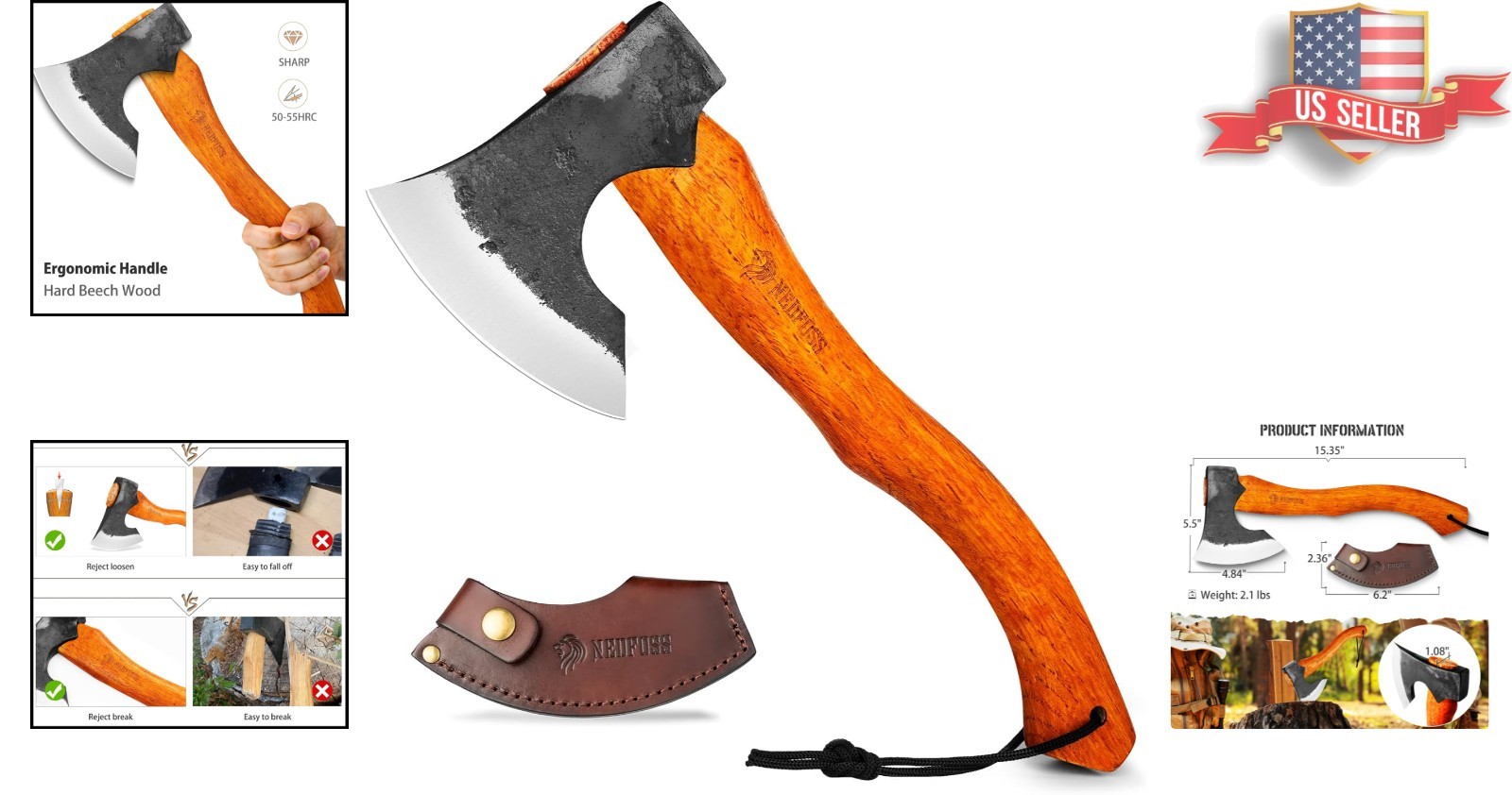 Mammoth Viking-Style Camping Axe – Compact Hand-Forged Tool for Wood Chopping