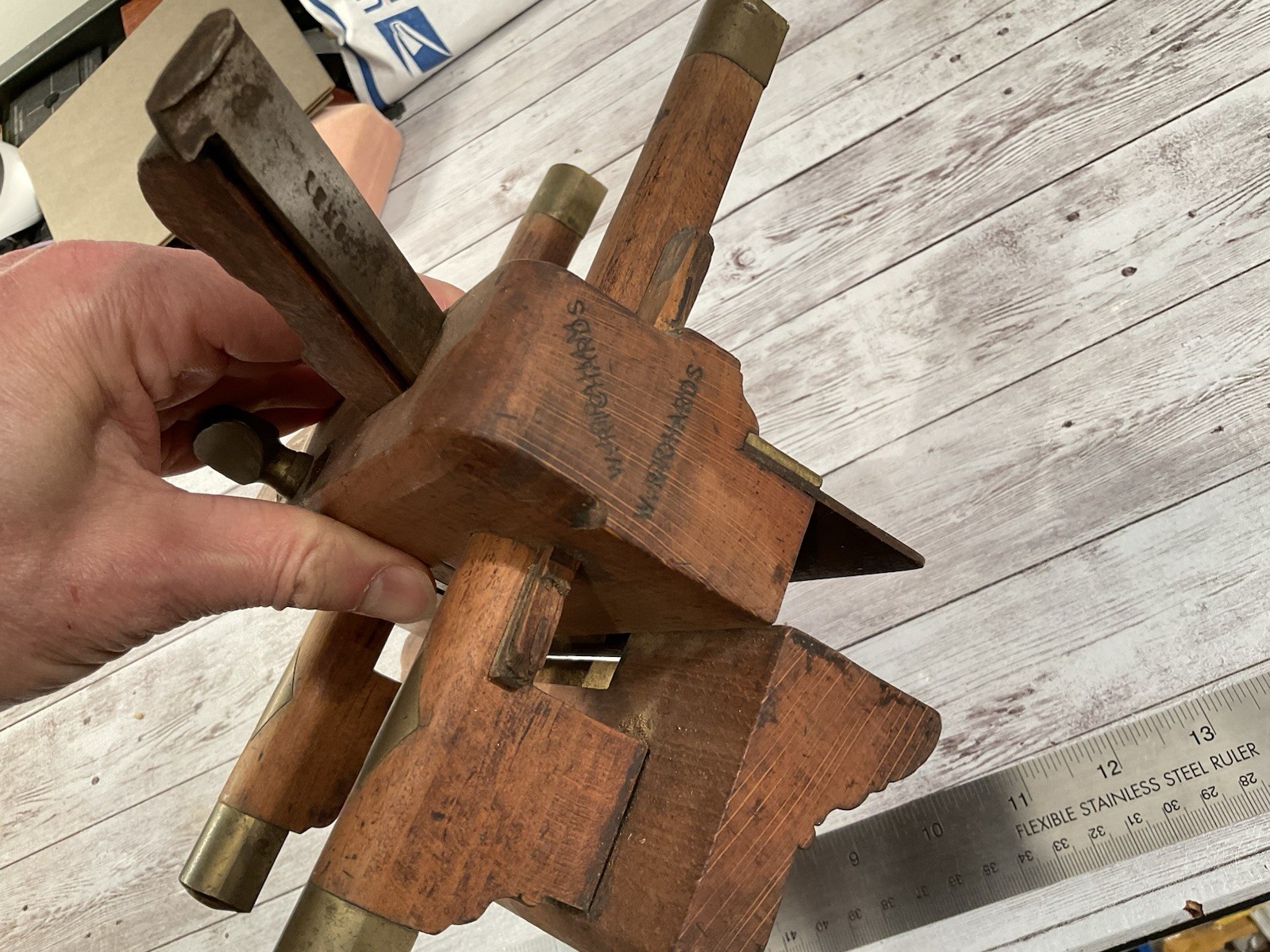ORIGINAL BIG ANTIQUE WOOD BRASS PLOUGH PLANE – STAMPED NAMES