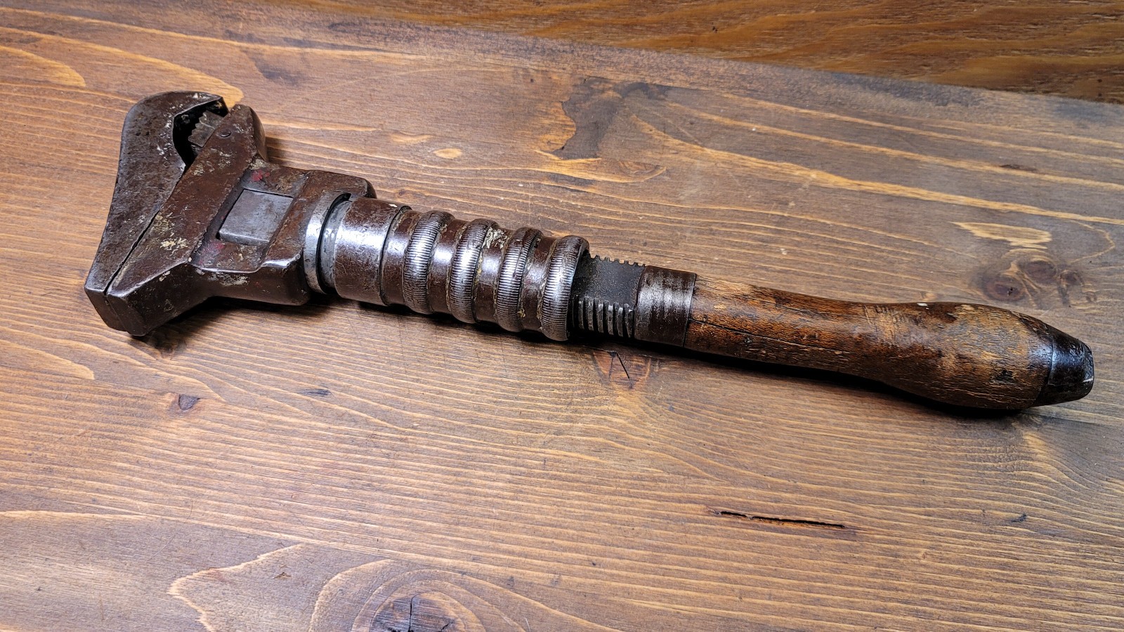 Vintage Bemis & Call Adjustable Gas Pipe Wrench Combo Wrench – Wood Handle