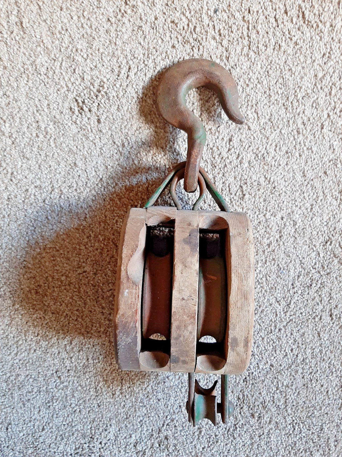 Antique Wood Double Pulley Block Tackle Rope Barn Farm Rustic w/Orig Green Paint