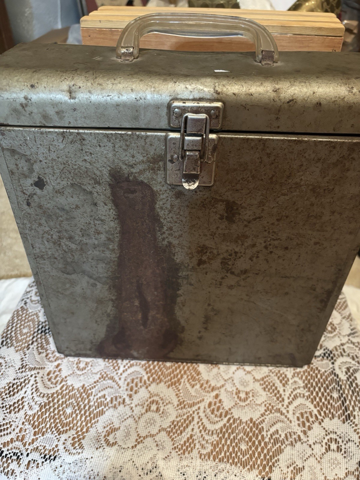 Vintage Metal Tool Box Chest Carrying Case with Handle and Front Latch