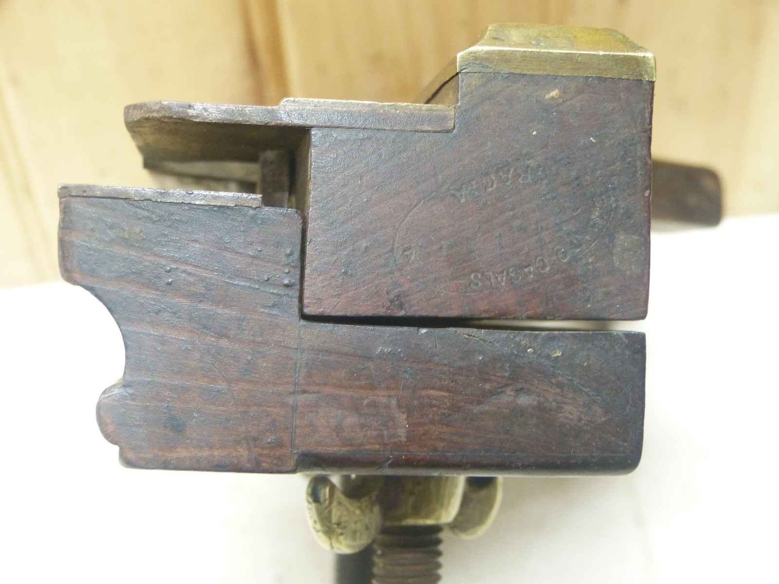 Unusual Vintage Spanish Olive Wood & Brass 12½” Screw Arm Wooden Plow Plane INV
