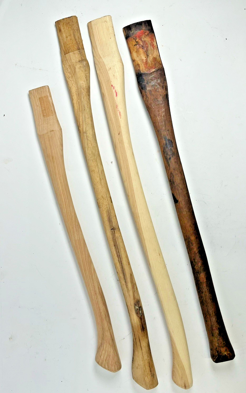 LOT (4) Wood Full Size Axe Handles Vintage & New Single Bit & Hewing Axe 28”-36”