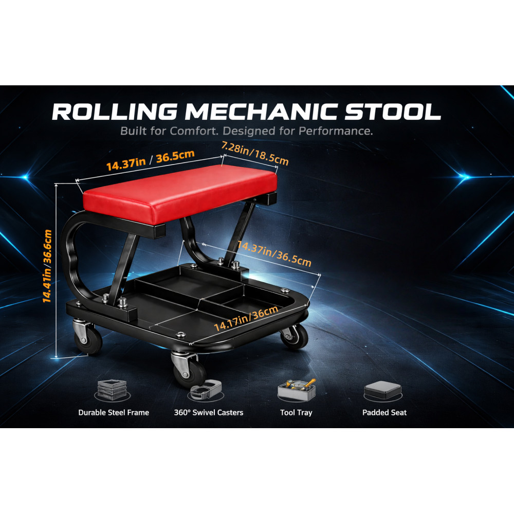 C-Frame Rolling Mechanic Stool Padded Seat with Storage Tray & Swivel