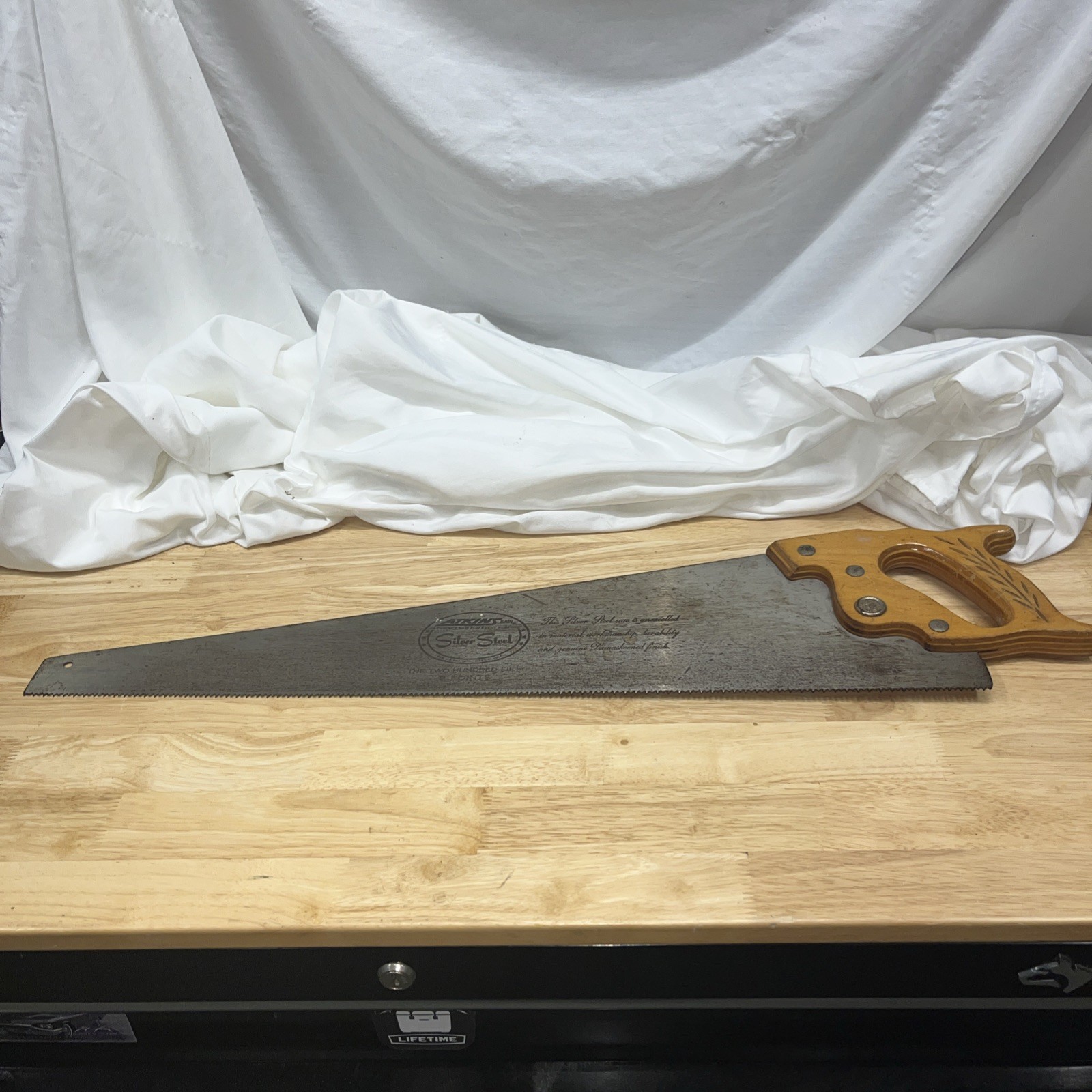 Vtg Atkins Hand Saw Silver Steel The 250 Two Hundred Fifty 8 Points Damaskeened