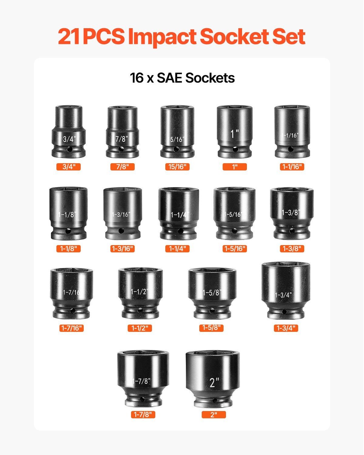 3/4in-2in SAE 21-Pc 3/4in Drive Impact Socket Set