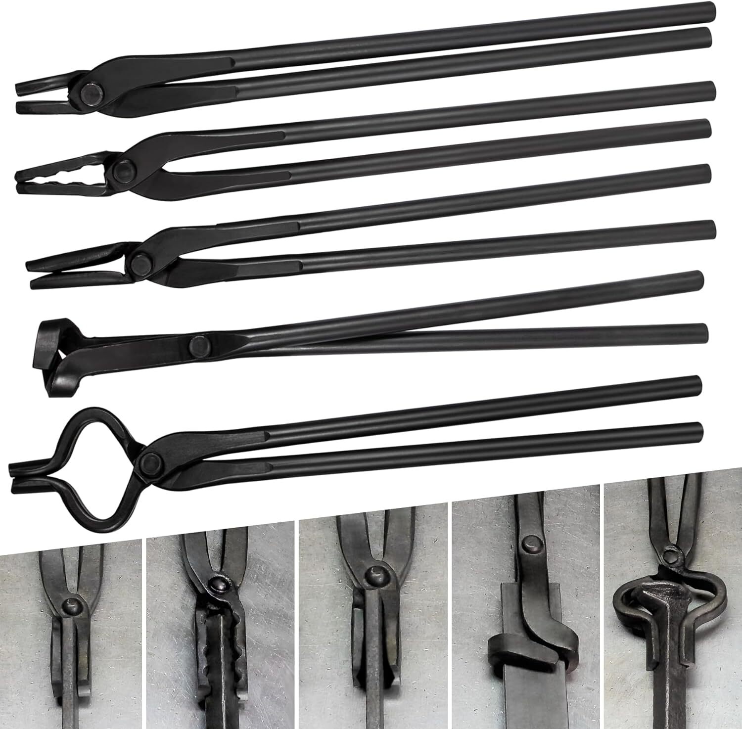 Blacksmith Tools 5 Piece Tongs Kit Flat, Square Jaw, Bolt, Blade, Wolf Jaw Tongs