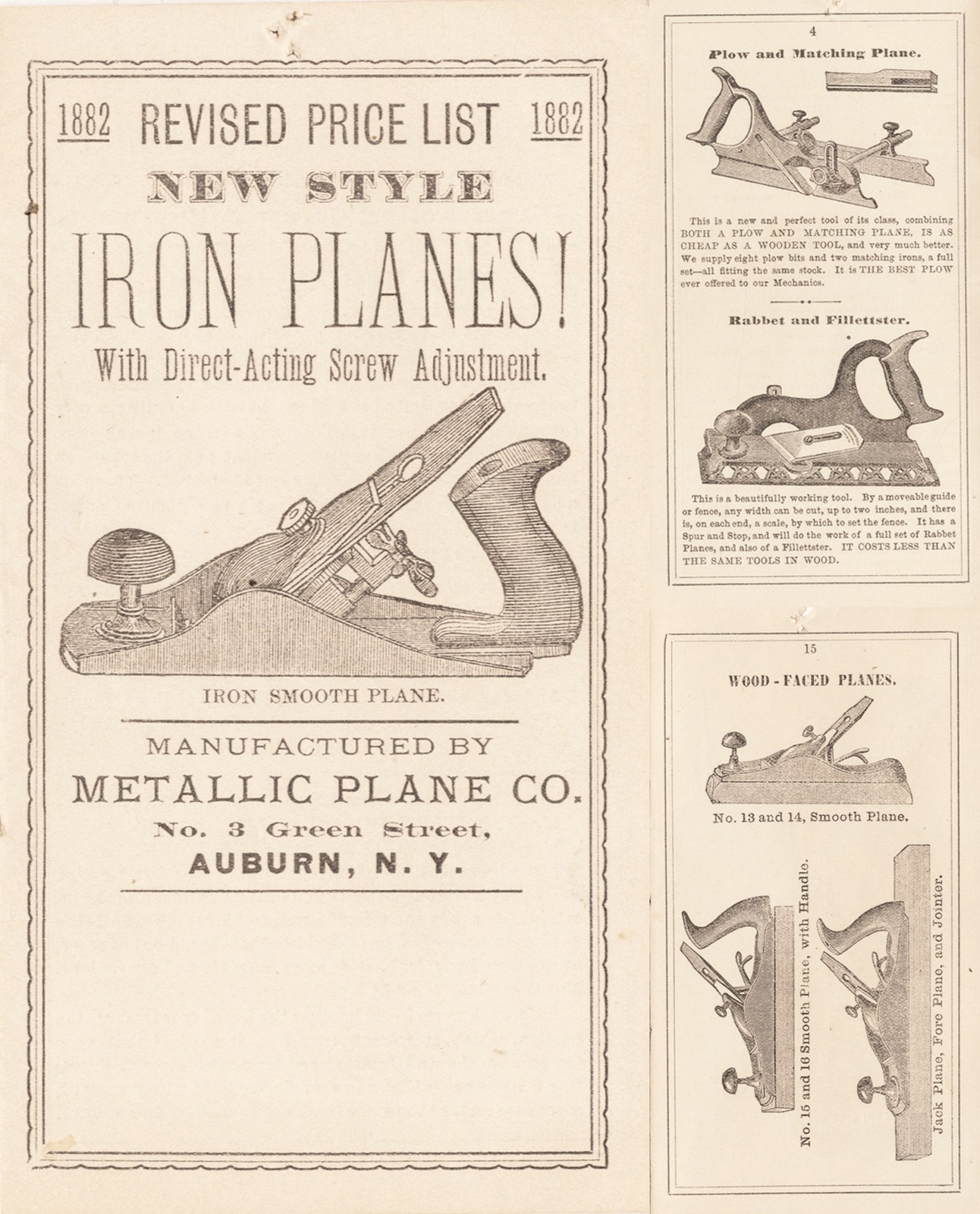 Metallic Plane Company, Auburn, N.Y. – 1882 Iron Plane Catalog – 16 Pages