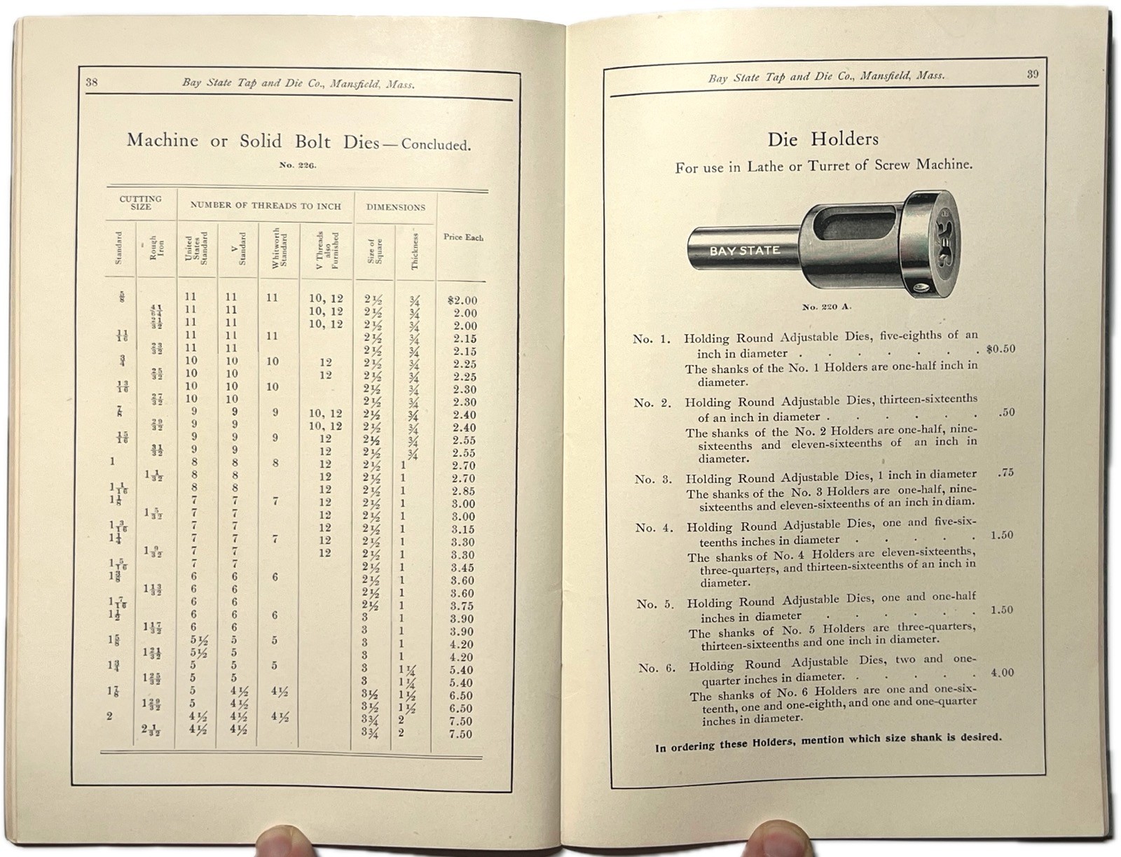 1910 BAY STATE TAP DIE CO. CATALOG TAPS DIES SCREW PLATES MANSFIELD MA USA RARE
