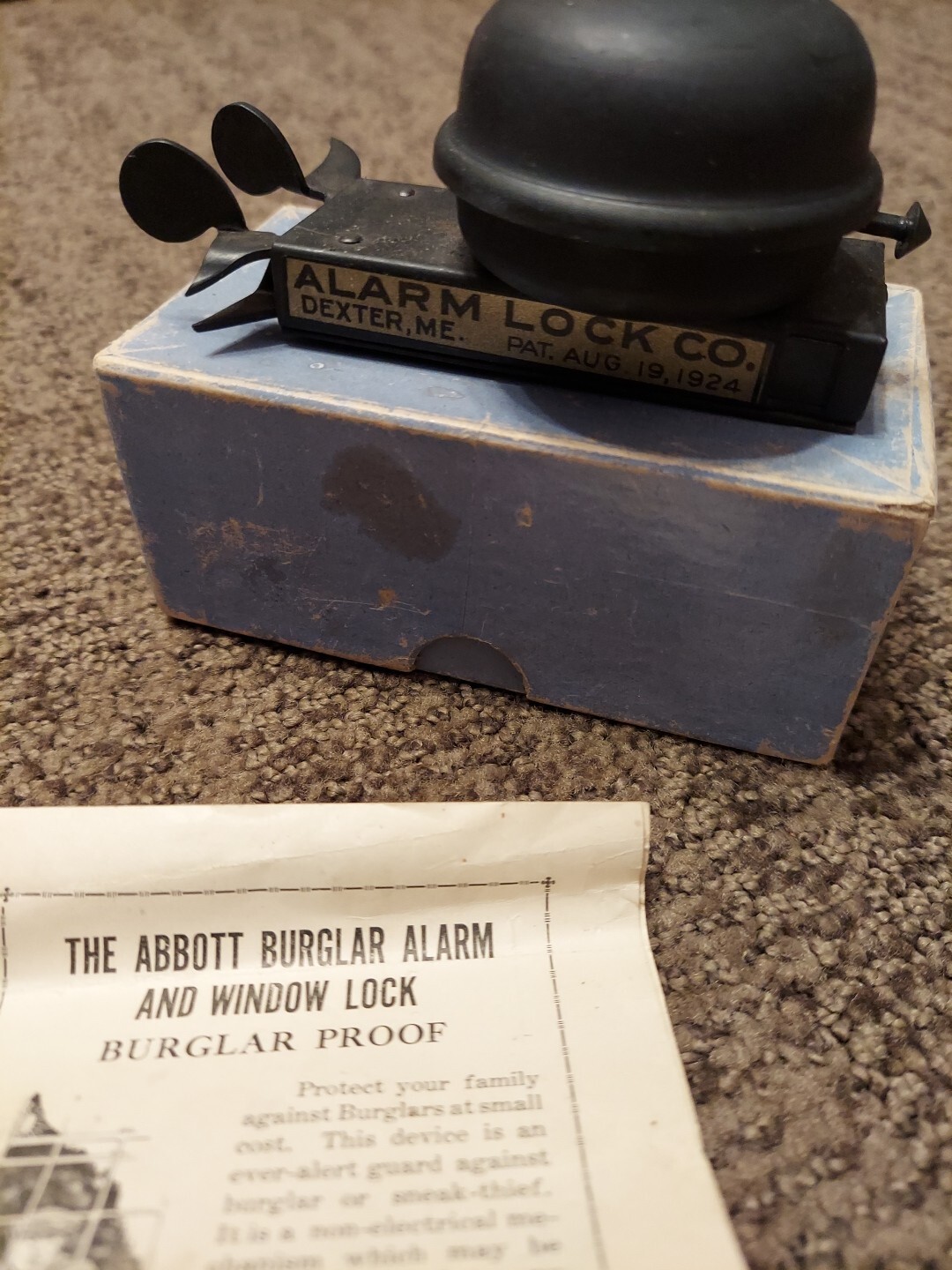 ABBOTT Burglar Alarm & Window Lock DEXTER MAINE AUG. 19, 1924 box instructions