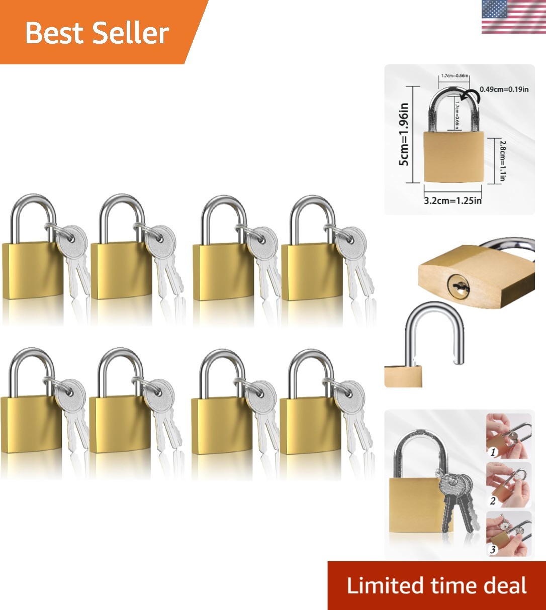 8 Pcs Stylish Keyed Padlocks, 32mm Compact Gold D Shape for Luggage & Lockers