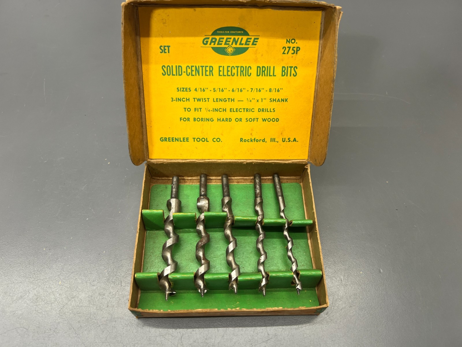 (B) VINTAGE GREENLEE 275P SOLID CENTER BORING BITS SET OF 5 W ORIG BOX – VGC USA