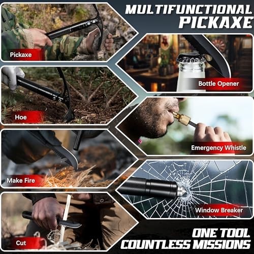 8-in-1 Folding Pick Axe Mattock, Multi-Purpose Garden Hoe & Survival Knife, Stai