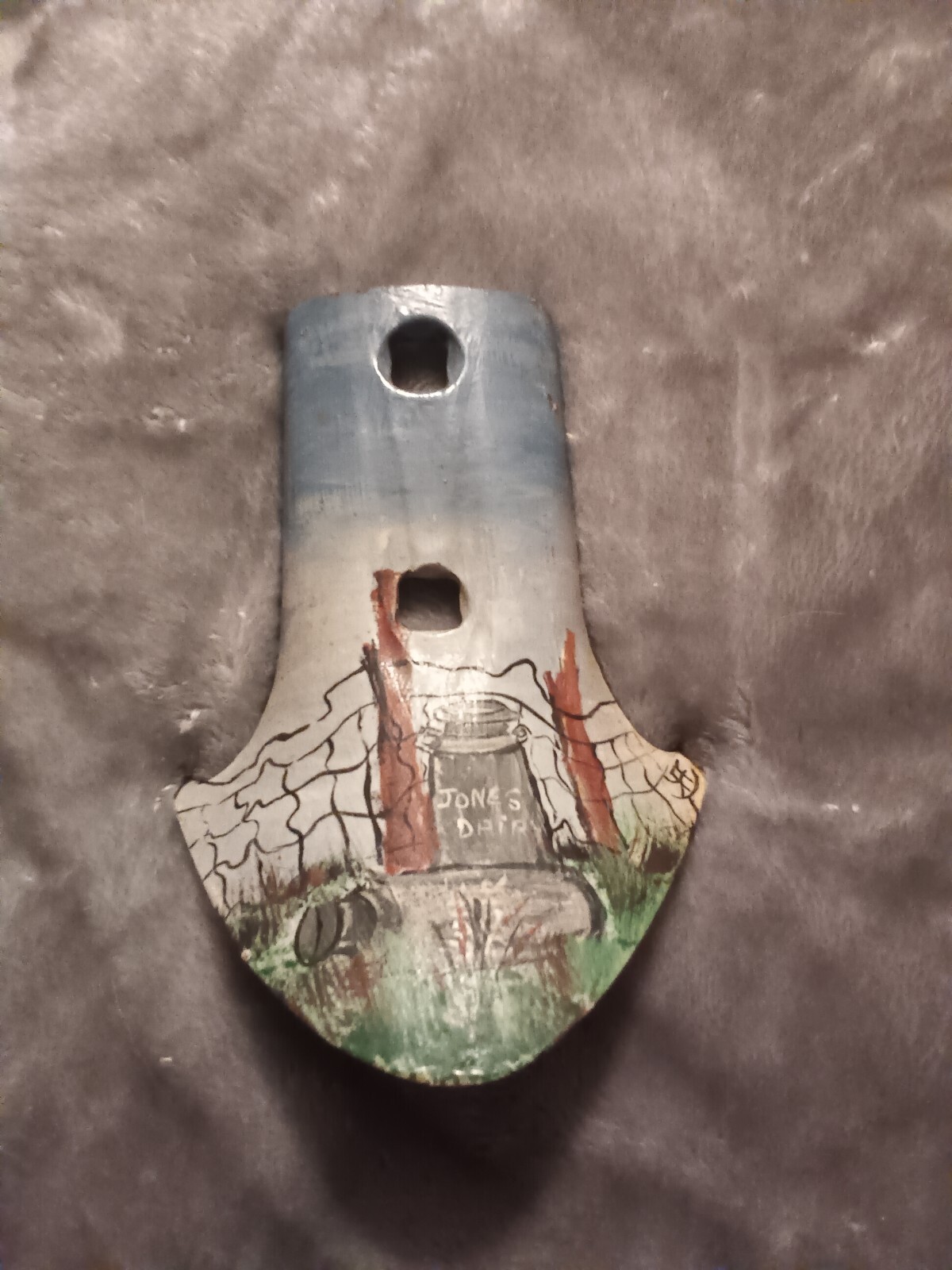 Old rustic hand painted metal garden tool,plow piece,signed Jones Diary.