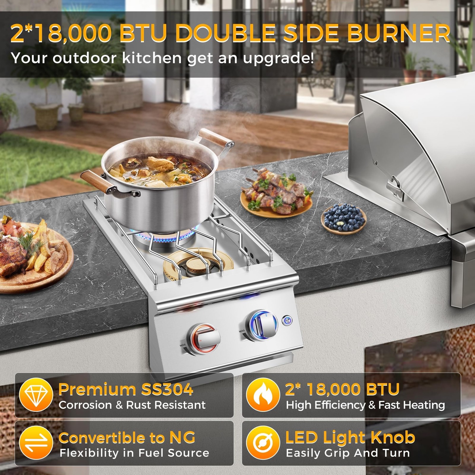 Grilling Side Burners for Outdoor Kitchen, 2 * 18,000BTU Liquid Propane Side …