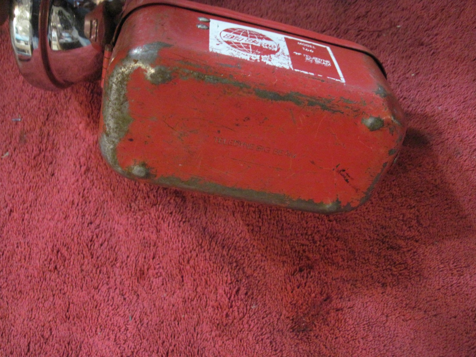 Teledyne Big Beam Model 166 Hand Lantern Red Steel Chrome Flashlight 6V Vintage