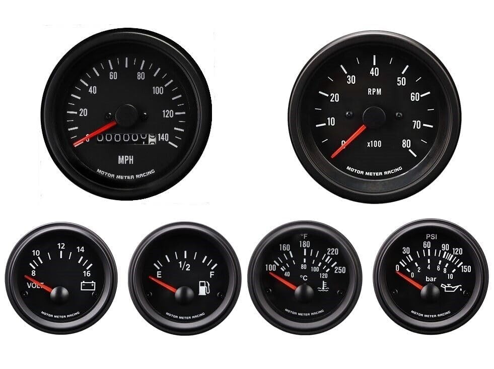VD Vintage 6 Gauge Set with Mechanical VD Mechanical Speedometer Black Dial