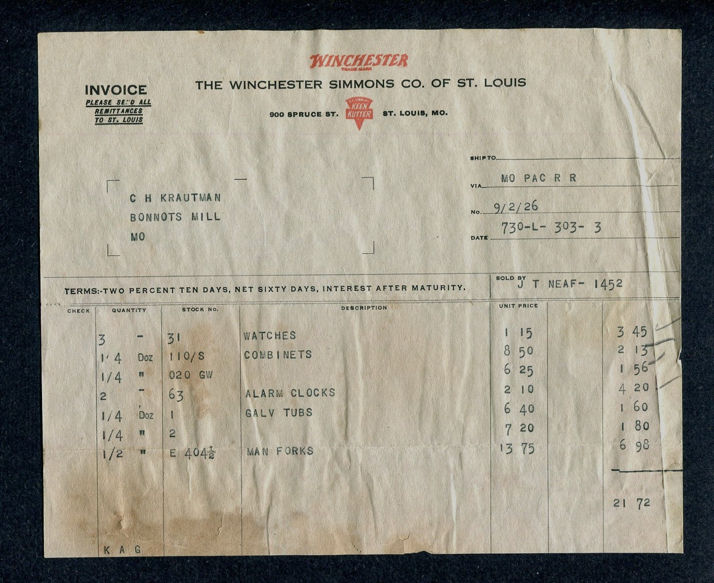 Winchester 1926 Invoice WINCHESTER-SIMMONS CO of St. Louis Keen Kutter
