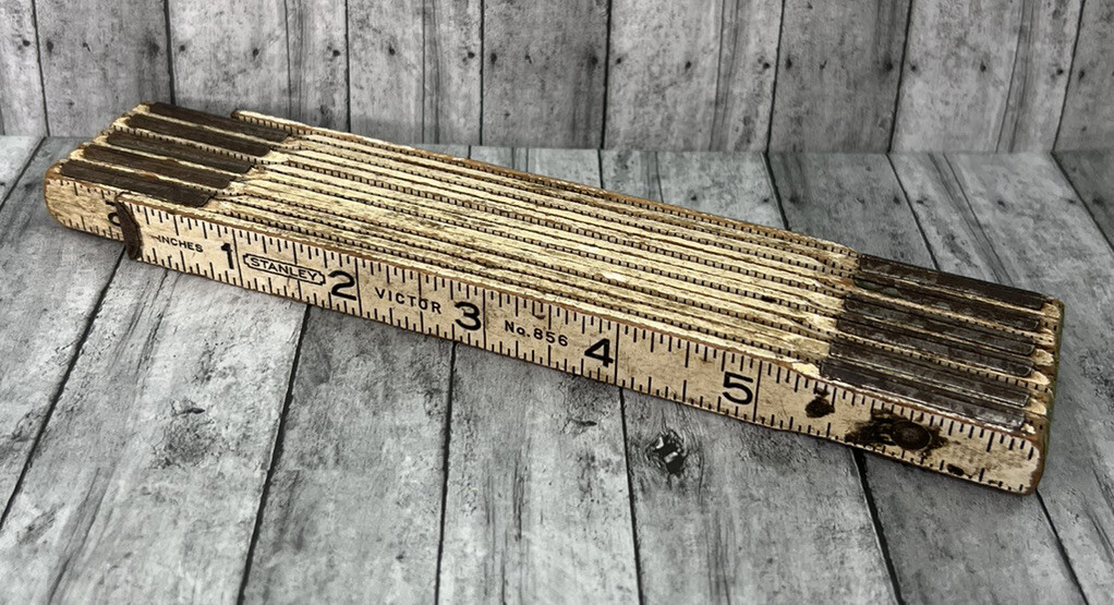 Vintage Stanley Victor Number 856 Folding Wood Rule 72” Ruler White Green Brass