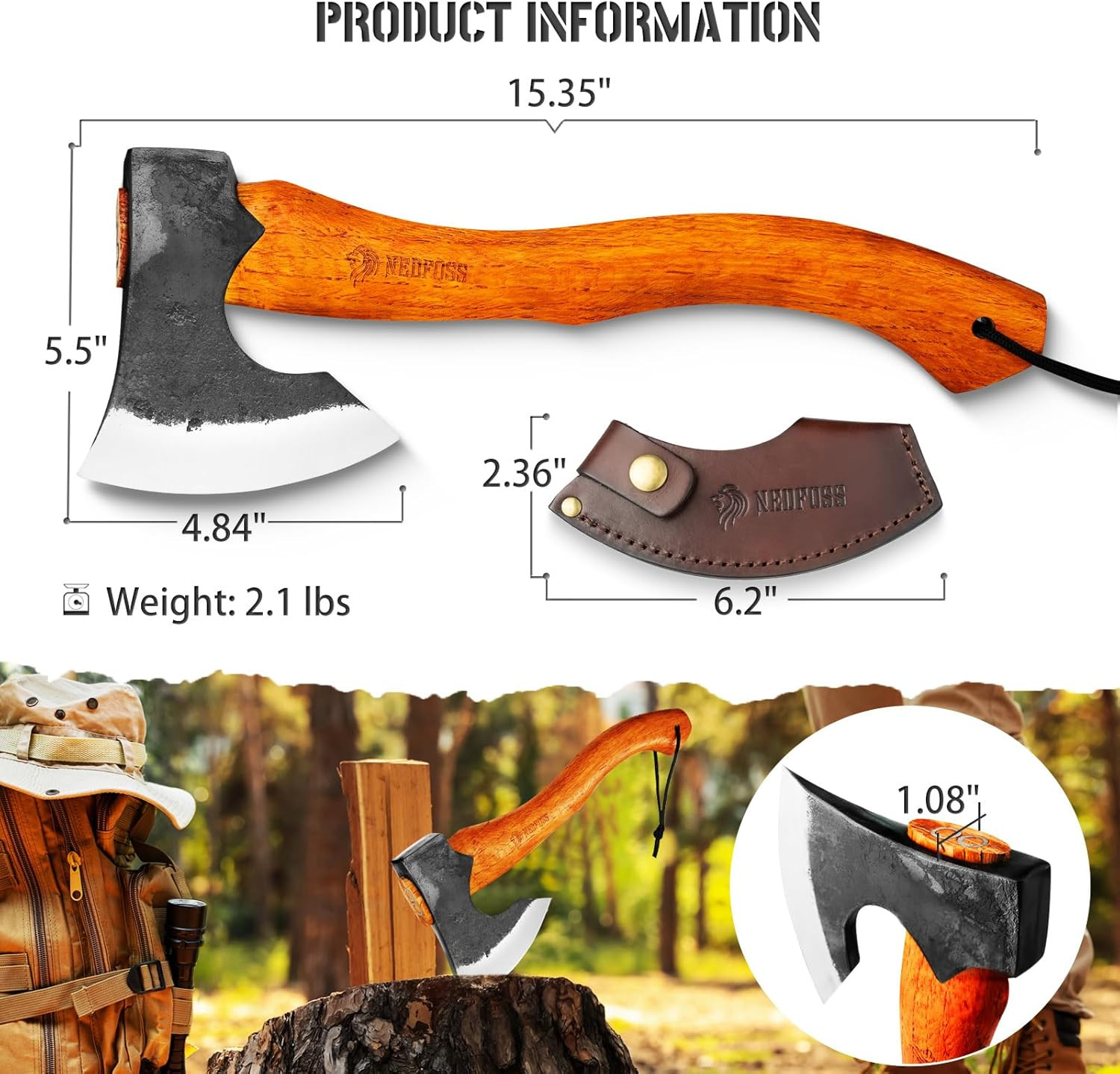 Camping Hatchet Axe, 15.35″ Wooden Handle Bushcraft Axe with Sheath, …