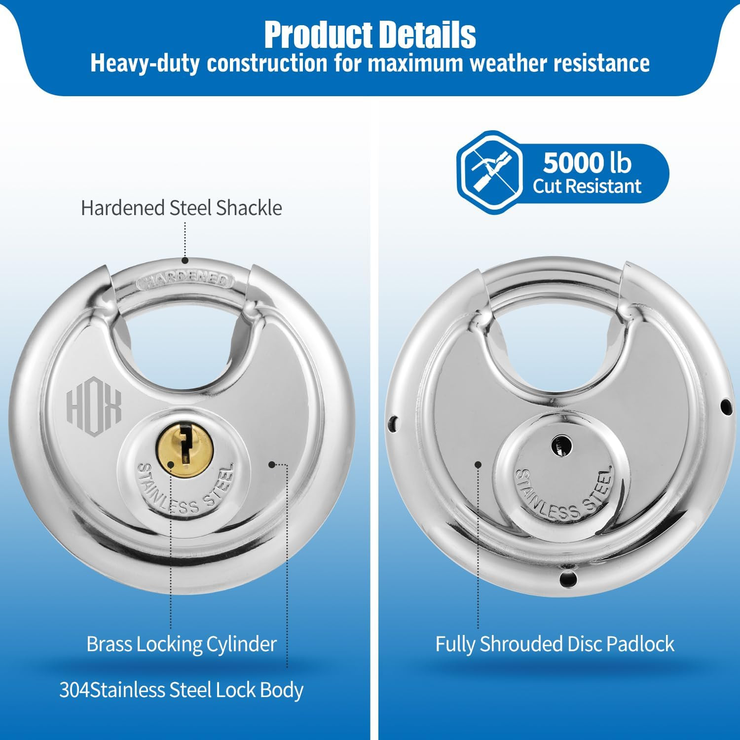 Keyed Disc Padlock, Stainless Steel Keyed-Alike Padlocks, 4-Pack Heavy Duty Lock