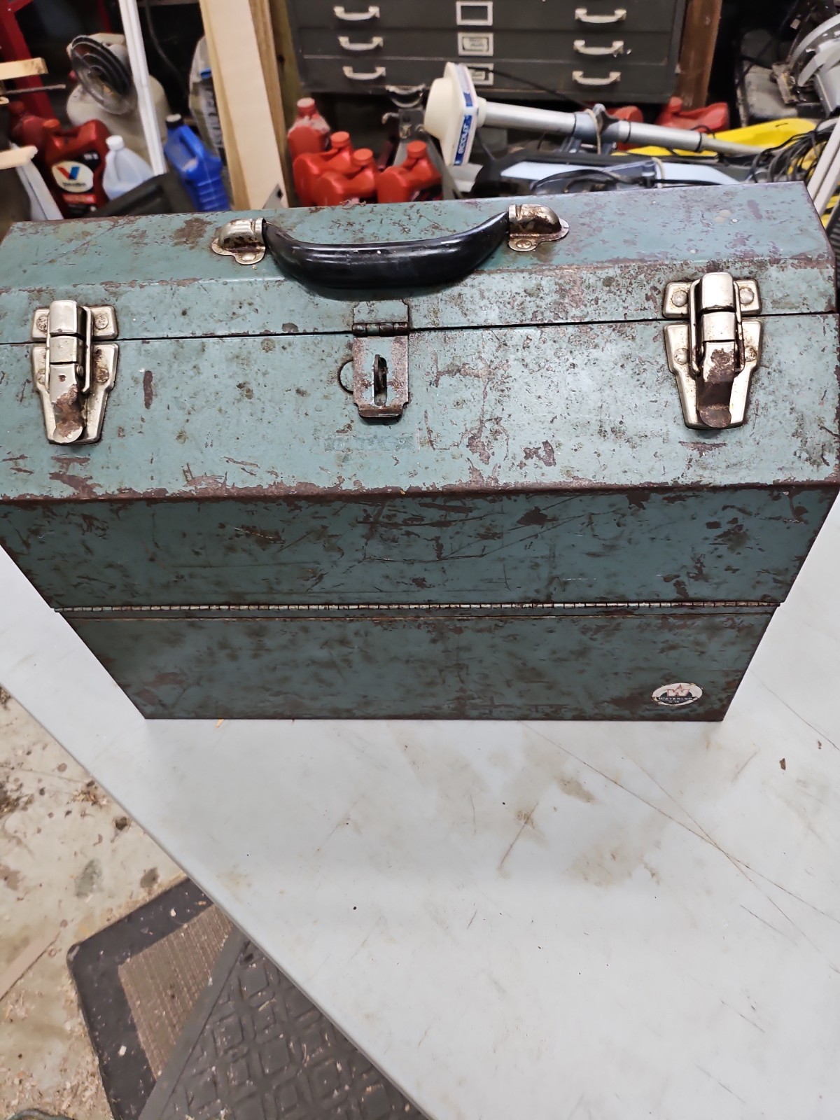 Vintage Waterloo # JL-48 Green Heavy Duty Metal Tool Box Chest With Tool Trays