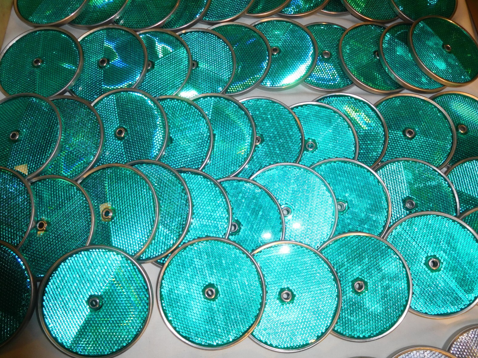 94 Vint. Made in USA Green, White & Orange Aluminum Center Hole 3-1/4 Reflectors
