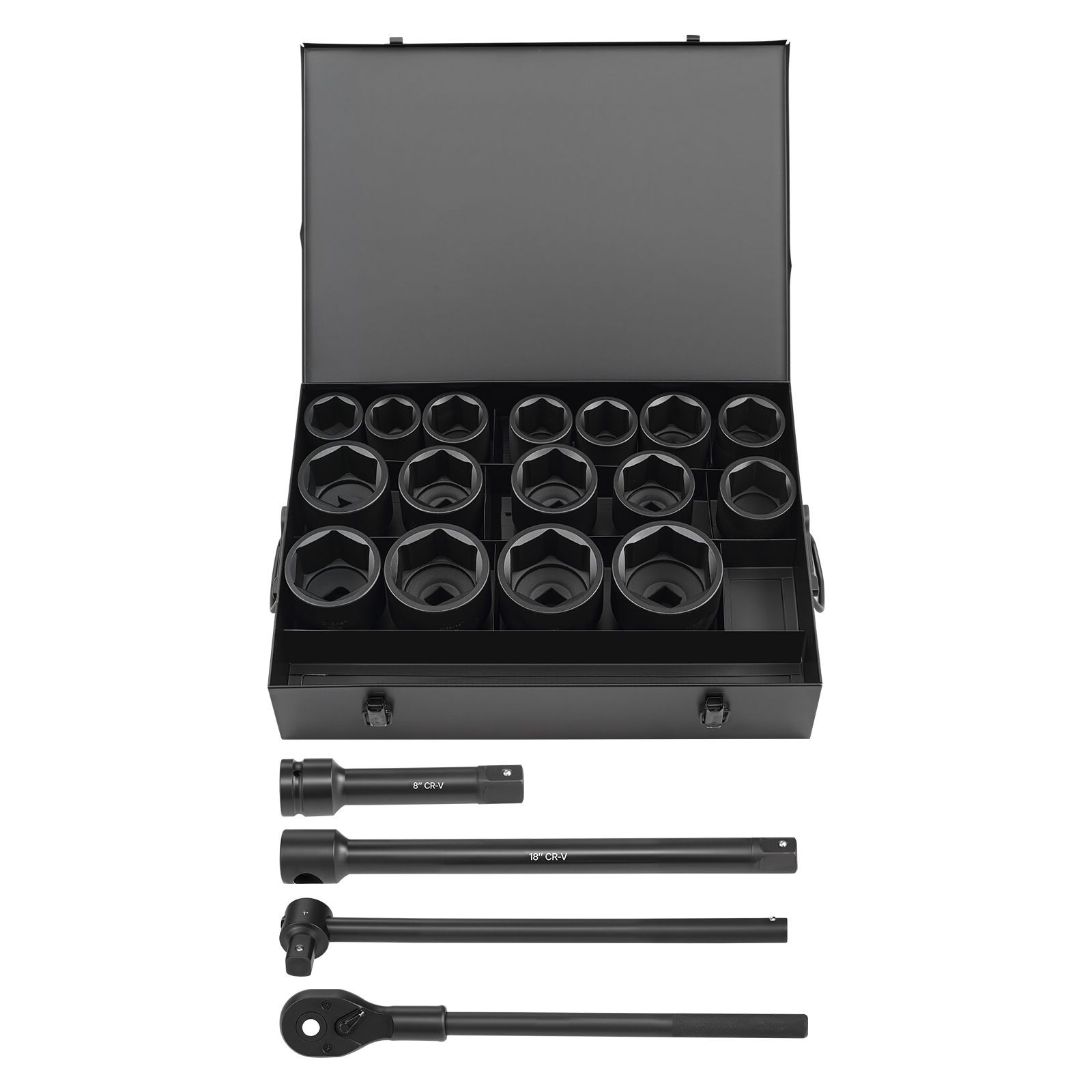 21-Pc 1in Drive SAE 6 Pt Impact Socket Set, Cr-V, 24in Ratchet, Case