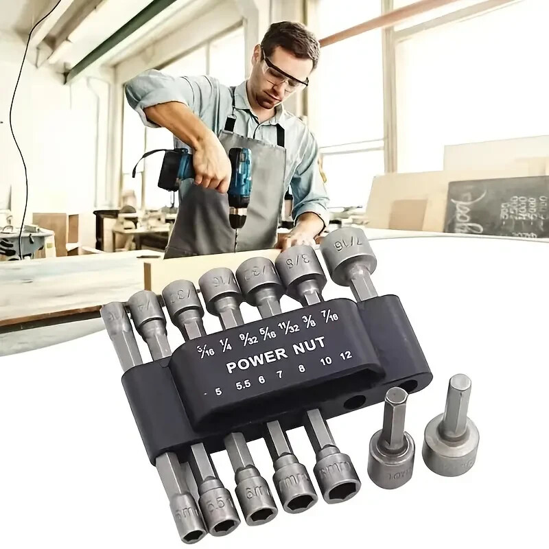 14pcs Nut Driver 6.35mm Hex Socket Bit Set 5 – 12mm 3/16 – 7/16in Hardened Steel