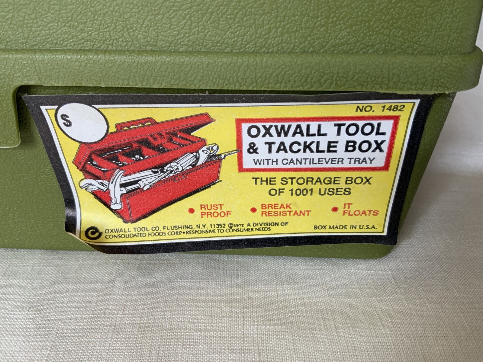 Vintage 1972 Oxwall Tool & Tackle Box W/Cantilever Tray #1482 NOS Avocado Green