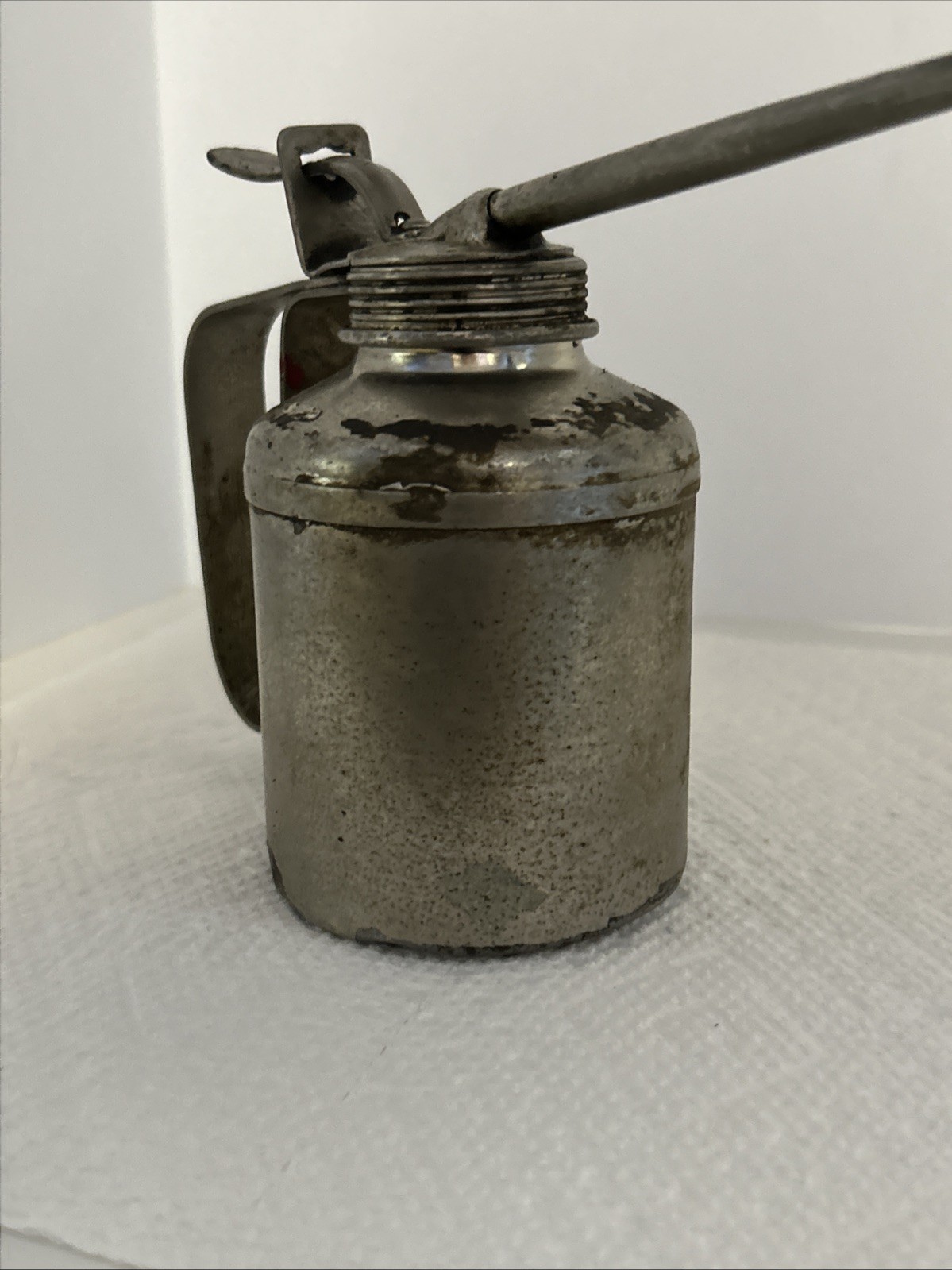 Vintage Plews Pump Oil Can Long Spout Metal Thumb Oiler USA Garage Tool Oiling