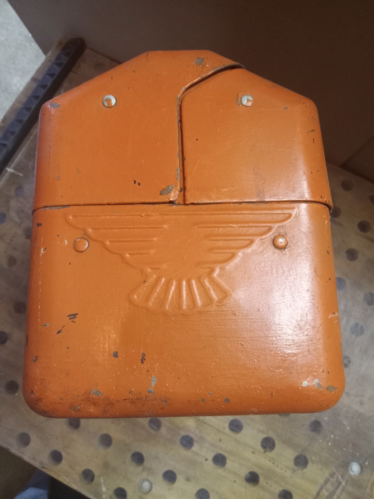 vintage metal toolbox with multiple tool trays inside, missing hasp to lock
