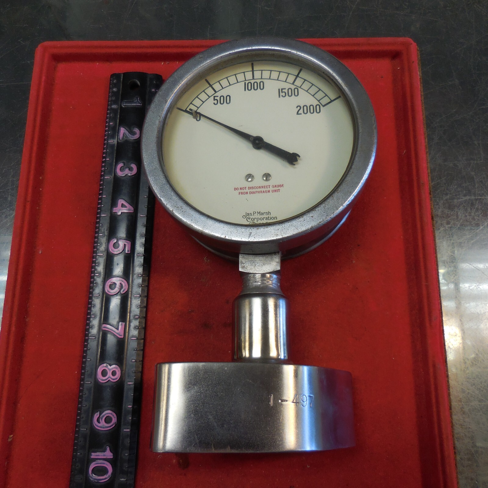 ANTIQUE LARGE STAINLESS Jas P. MARSH Corp PRESSURE GAUGE 1-497 WEIGHS 7 LBS