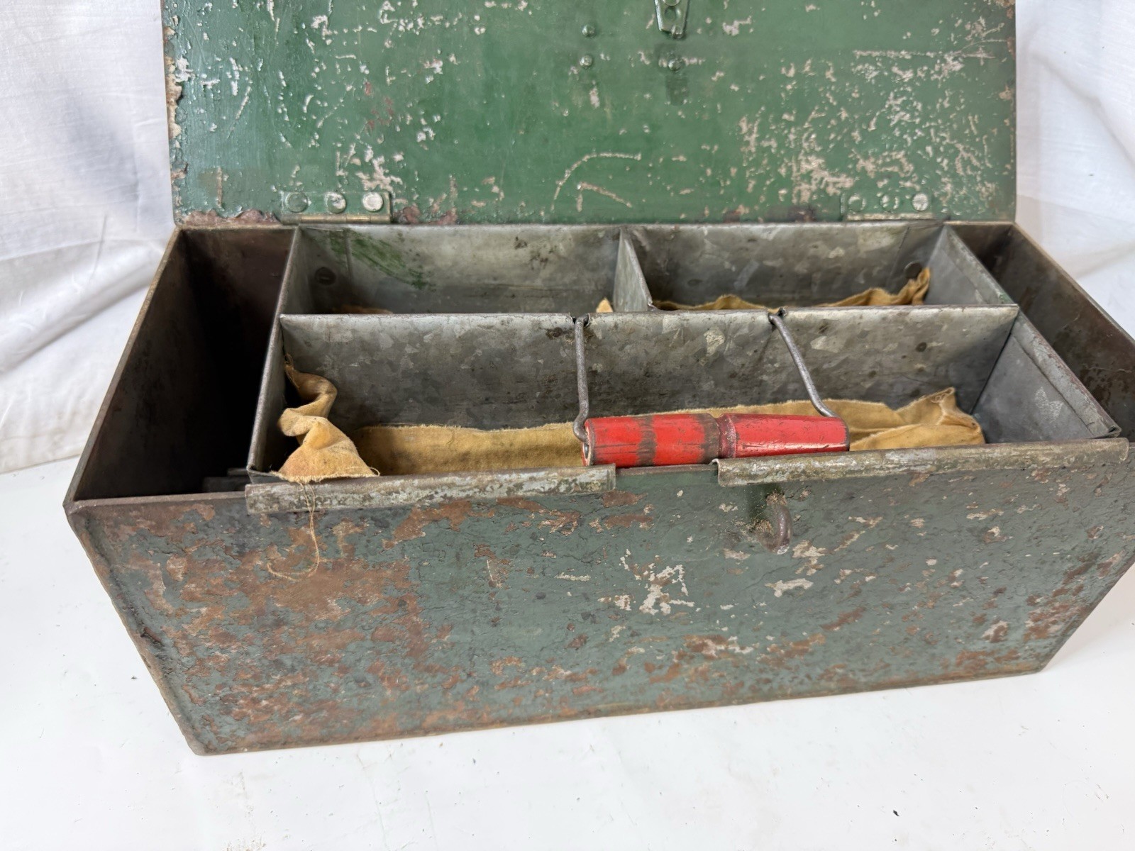 Vintage Industrial Metal Tool Box Lot Green Steel Box with Tray Galvanized