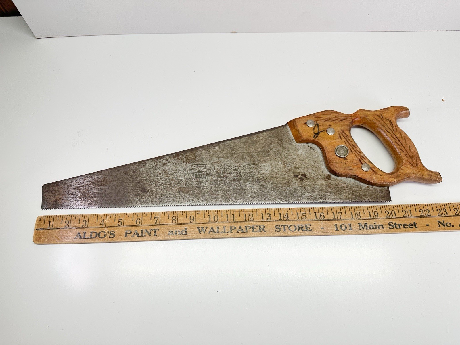 Vintage Antique Henry Disston & Son D-23 Hand Saw w/ Etching Woodworking