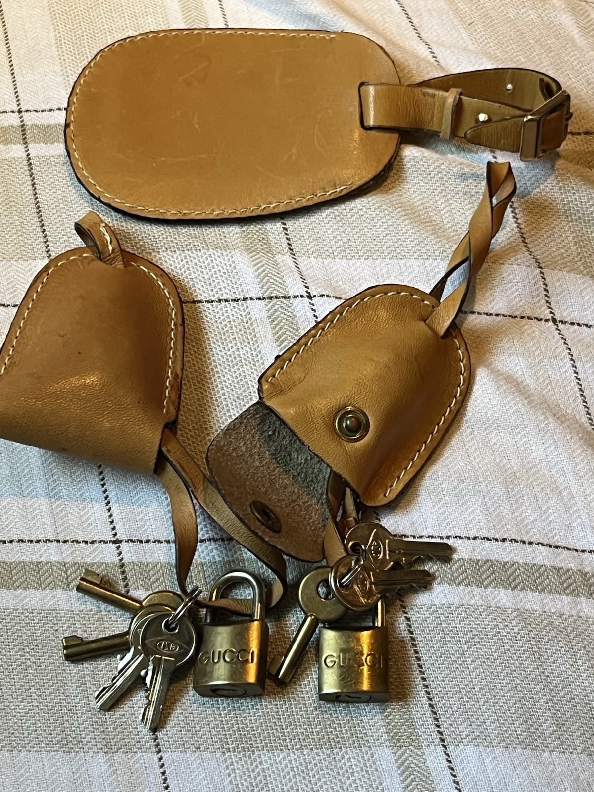 Gucci Brass Luggage Padlock and Key With Pouch ID Tag Vintage Travel Accessory