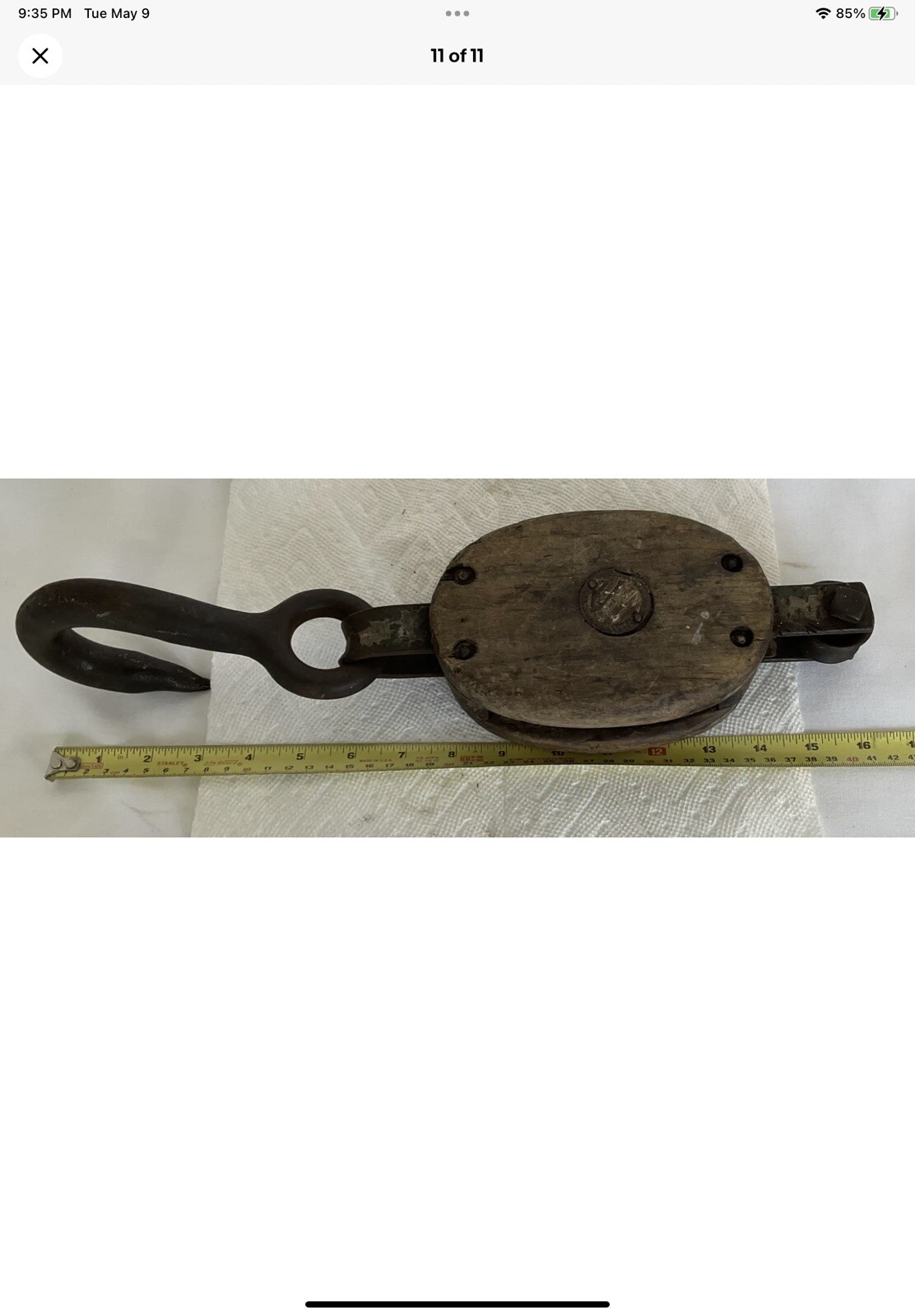 Vintage U-W Antique Farm Equipment Wooden Block Tackle Pully Hook /Great Display