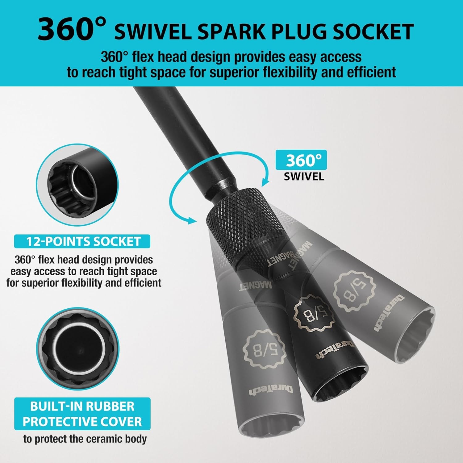 DURATECH 5/8″ Swivel Magnetic Spark Plug Socket, 1MM Thin Wall 5/8 x 3/8 x 6
