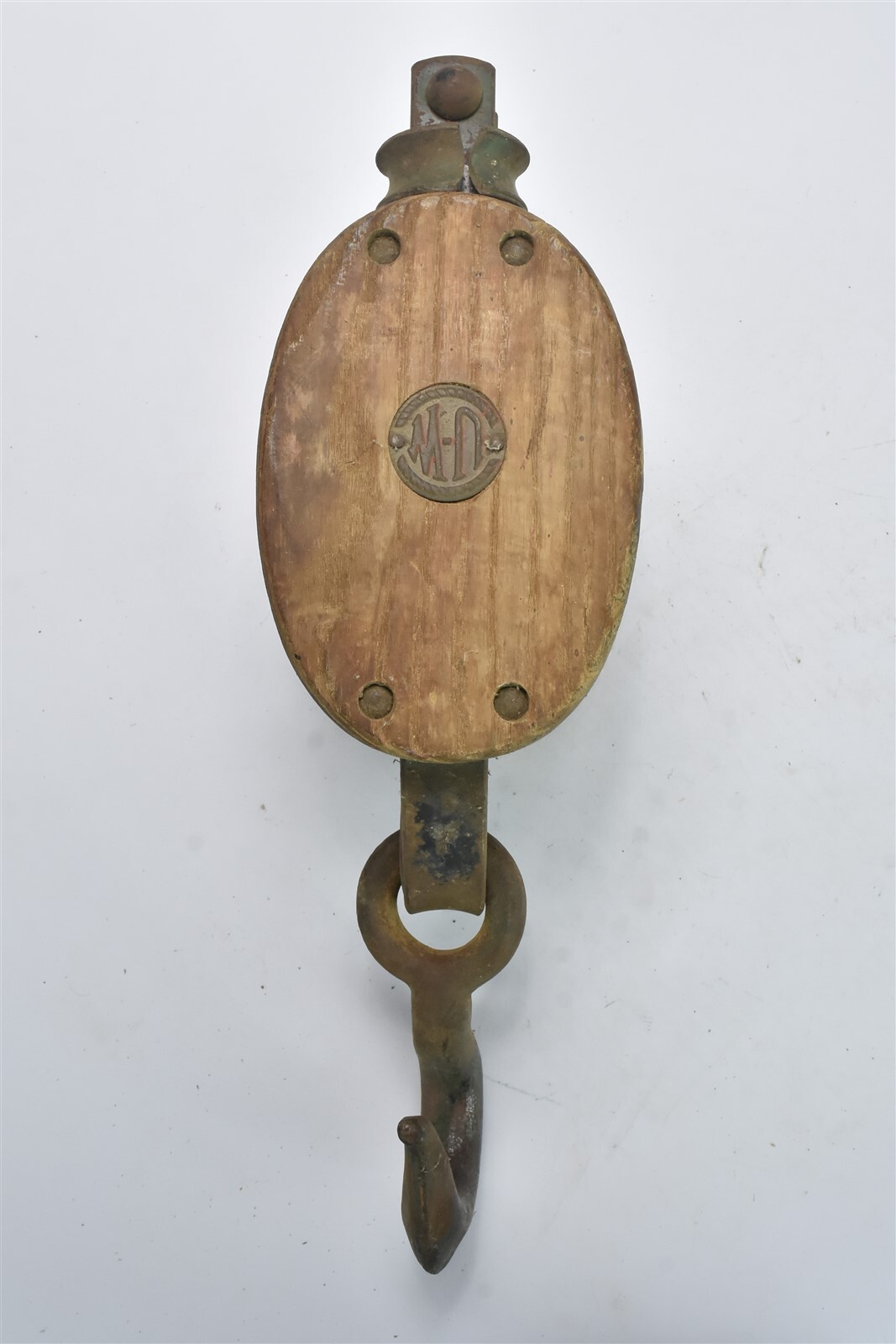 Antique U-W UPSON WALTON WOOD METAL BLOCK TACKLE DOUBLE PULLEY BARN FARM #07192