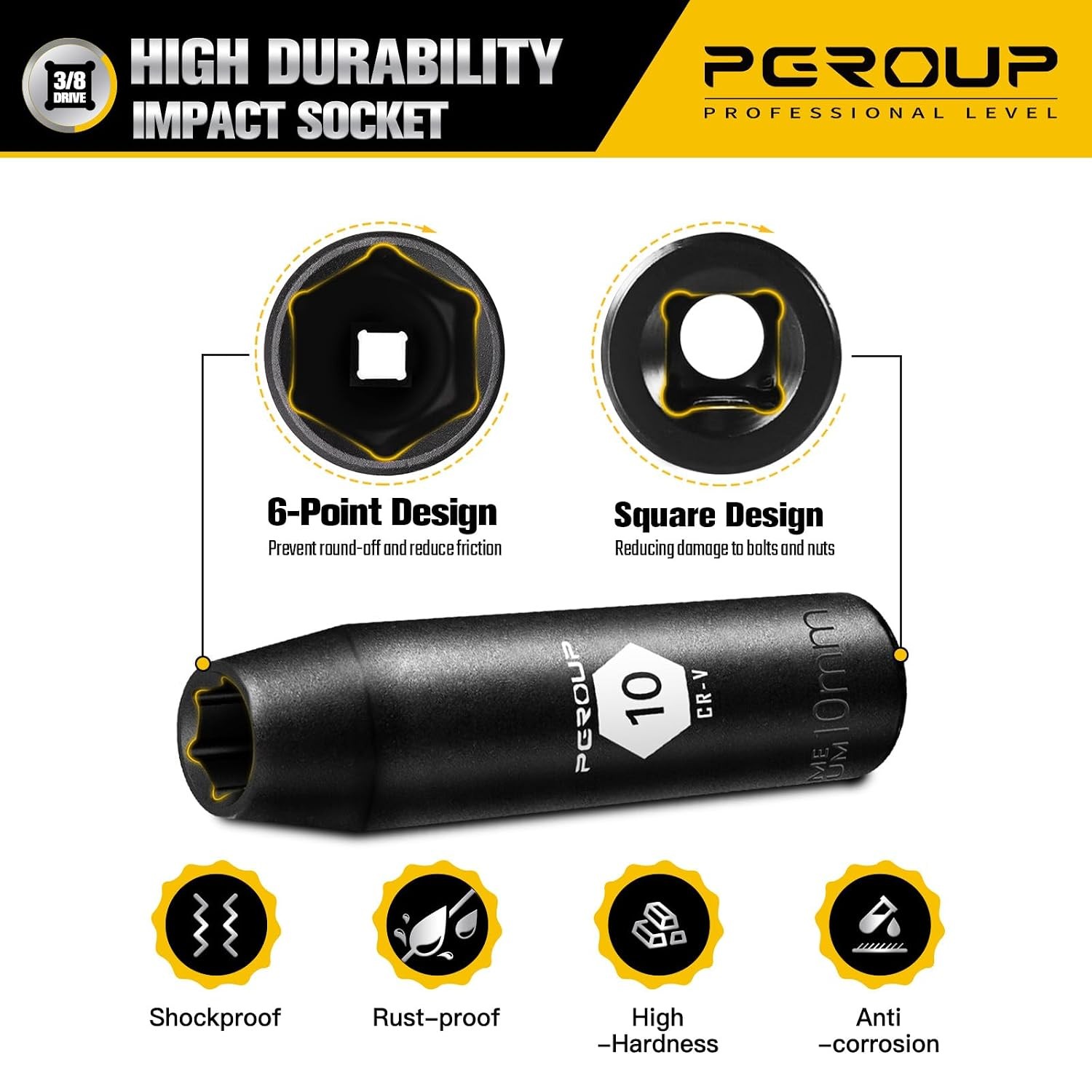 3/8″ Drive 6-Point Cr-V Steel Deep Impact Socket 10mm Metric Size Impact
