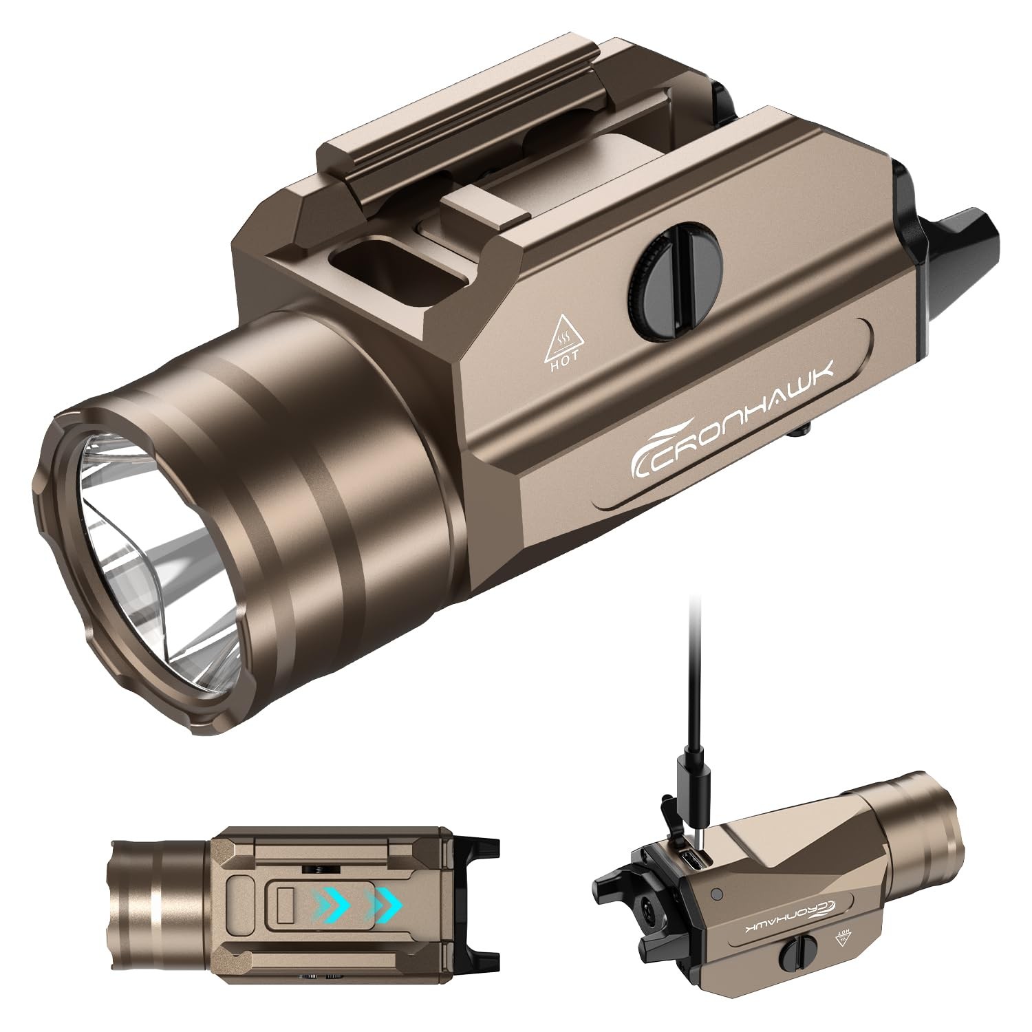 CRONHAWK Rechargeable Pistol Light, 1350 Lumen 3.5″D x 1.45″W x 1.45″H, FDE