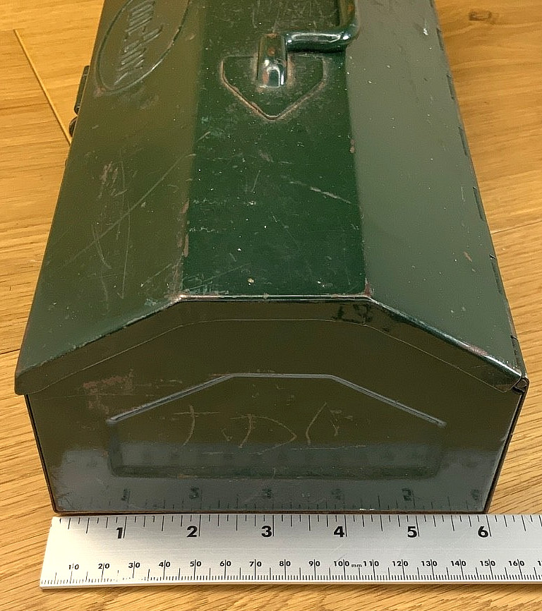 Embossed Pressed Steel Hip-Roof Tool Box Hunter Green 14 Inches MCM Vintage