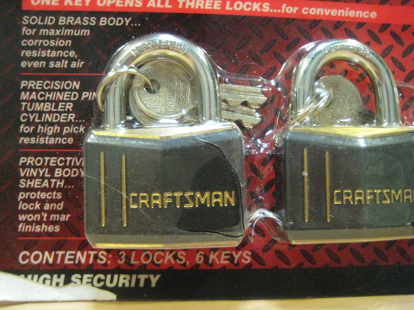 SEARS / CRAFTSMAN Weather Resistant Brass Padlock Set 3 Locks + 6 Keys 9-58328