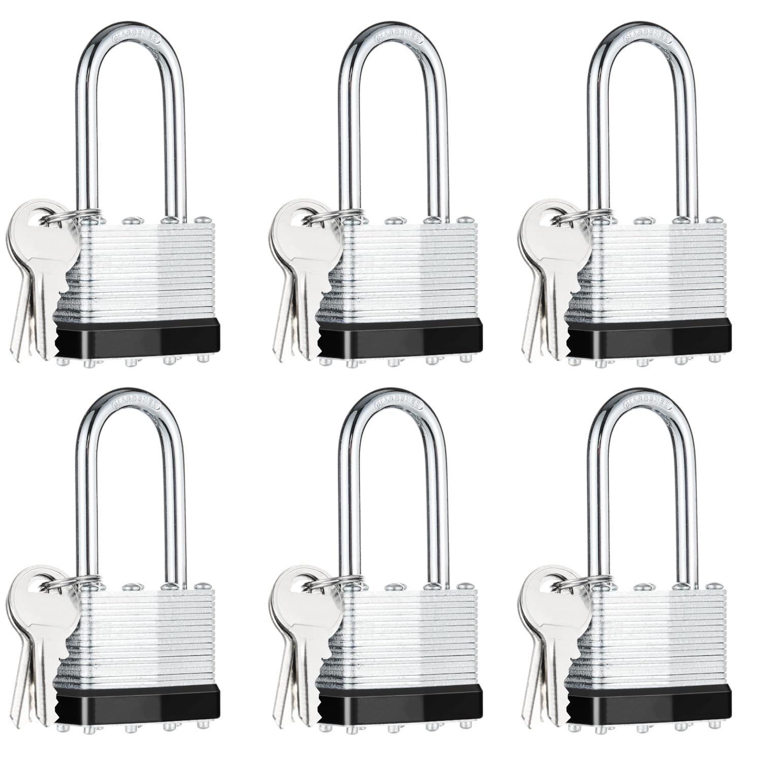 6Pcs Padlocks with Same Keys,Laminated Steel Black Silver(1-9/16″,40mm),Long …