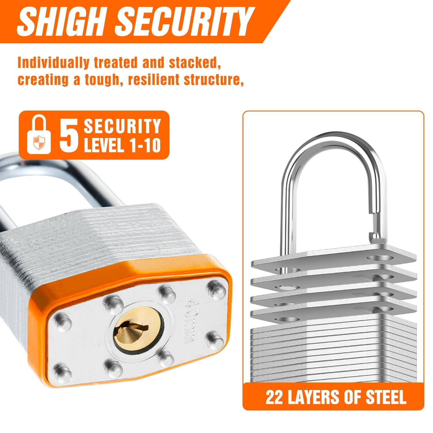 6Pcs Padlocks with Same Keys,Laminated Steel Orange Silver(1-9/16″,40mm),Long…