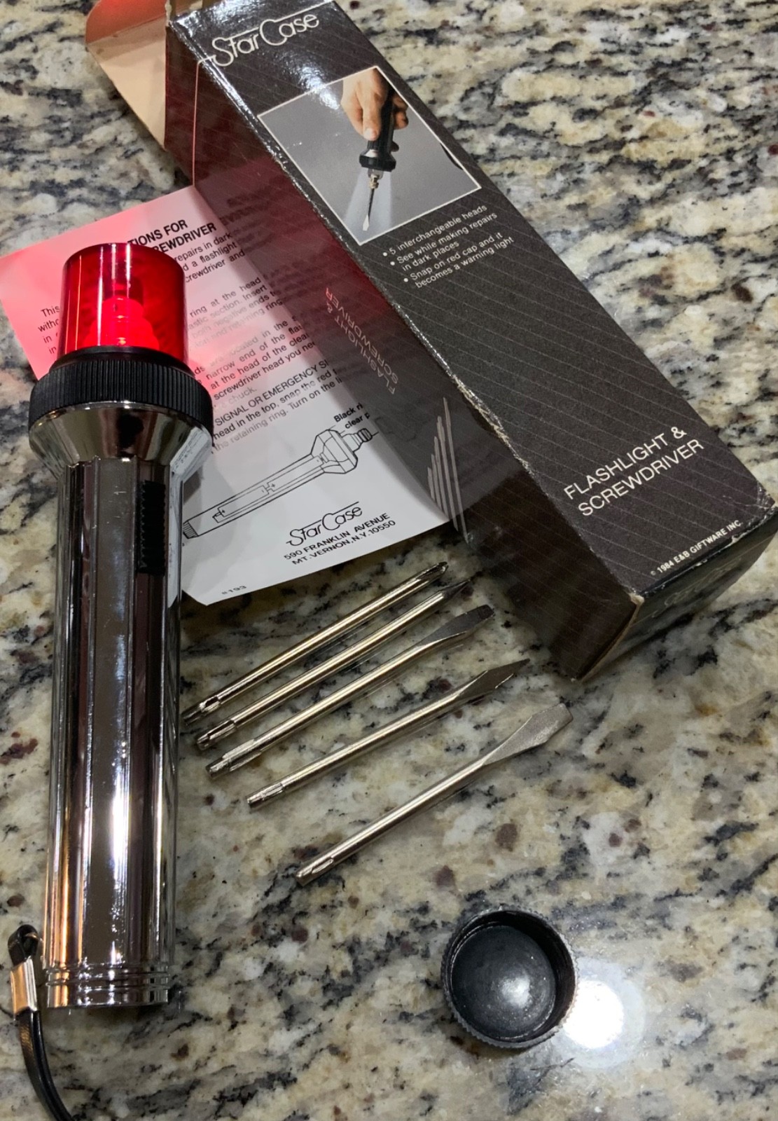 Vintage Star Case Red Top Chrome Flash Light & Screwdriver 1980’s New Open Box