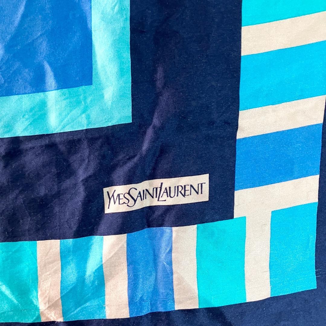 Yves Saint Laurent Scarf 75x75cm Blue Logo Print 100% Silk Used