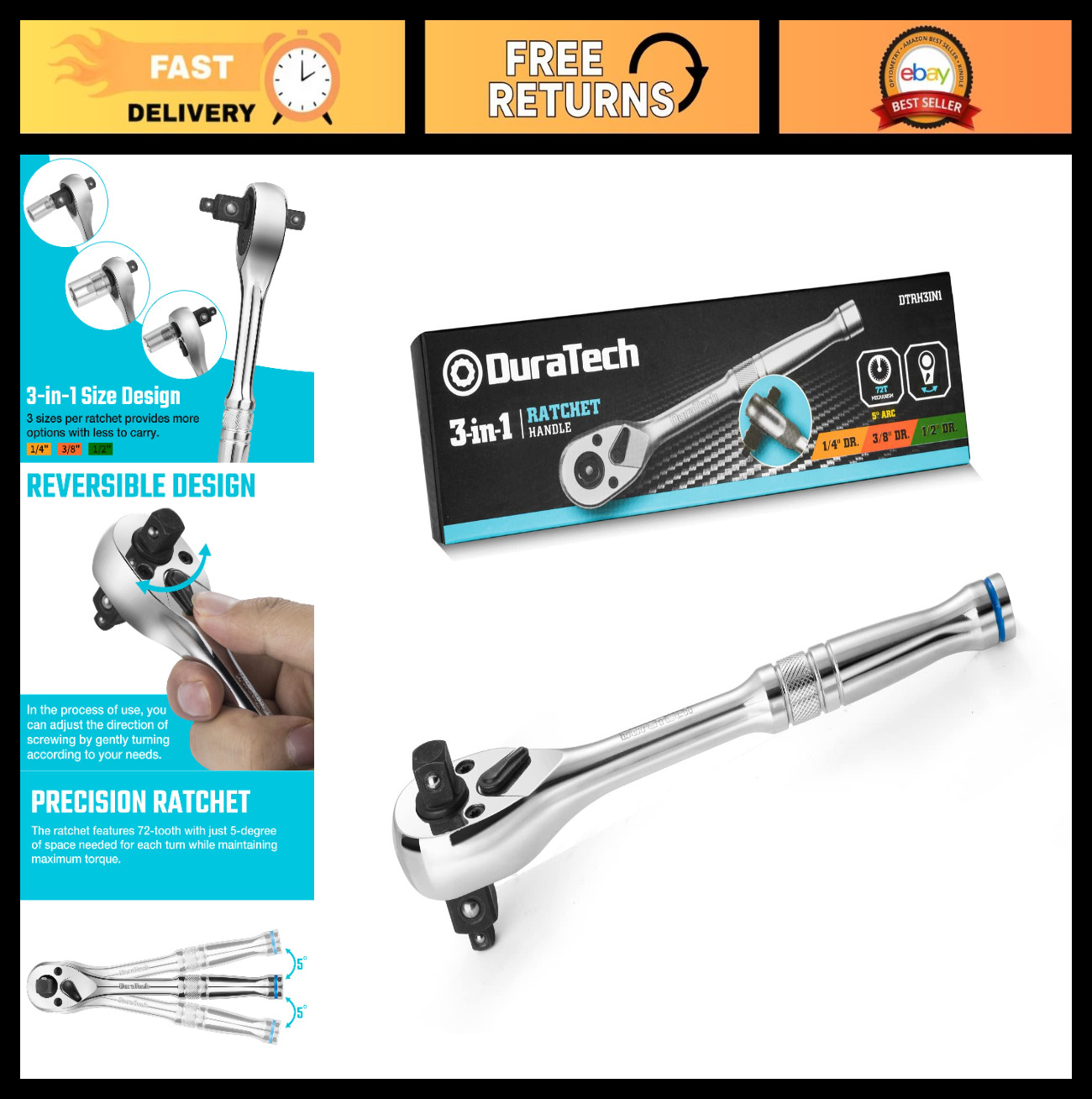 3-in-1 Ratchet Handle Wrench 1/4″ 3/8″ 1/2″ Drive, 72-Tooth, Reversible, Chrome
