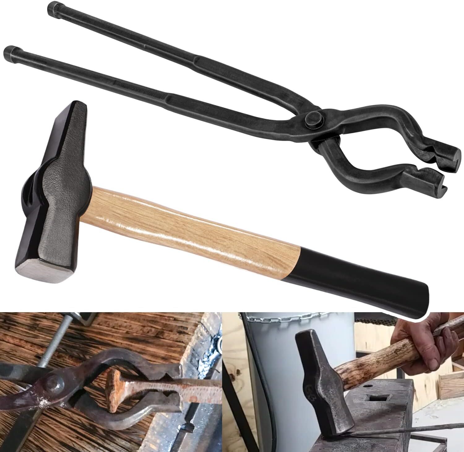 17” V-Bit Bolt Tongs and 1.5KG (3.3LB) Blacksmith Hammer Kit Knifemaking Tools