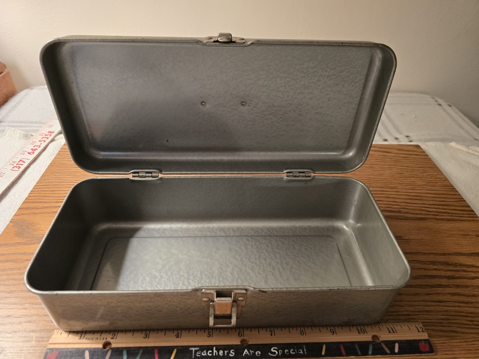 Vintage Metal Tool Box, 11″ X 4 1/2″ X 3 1/5″, Gray, Sturdy Clasp and Handle